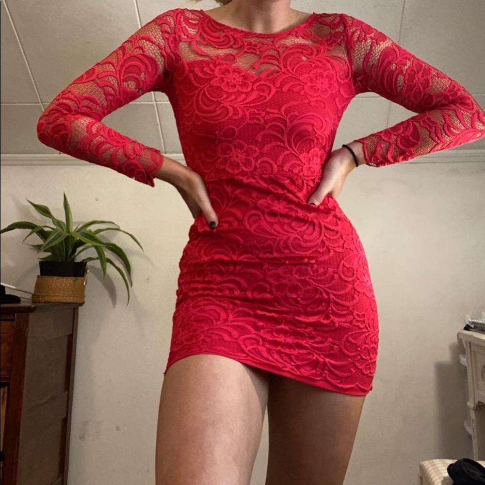 Red long sleeve lace dress